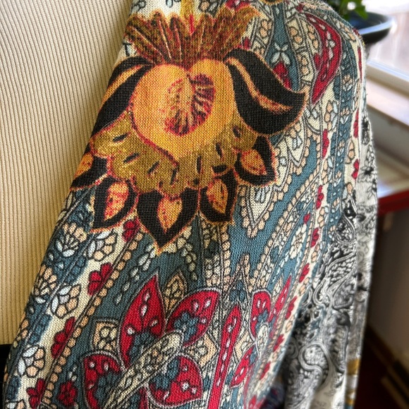 Chico’s Paisley Off White Cotton Acrylic Open MIDI Cardigan size 2 - Picture 2 of 10